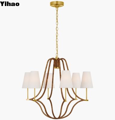 Visual Comfort Biscayne Großer eingewandter Kronleuchter CHC 5581 Antike Verbrannte Messing und Naturrattan